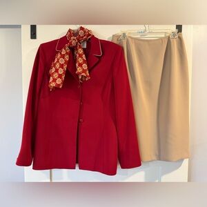 Le Suit Red Blazer with Beige Skirt and Scarf